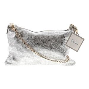 7Chi Metallic Silver Leather Crossbody Clutch Purse NWT – Gold Chain Strap
